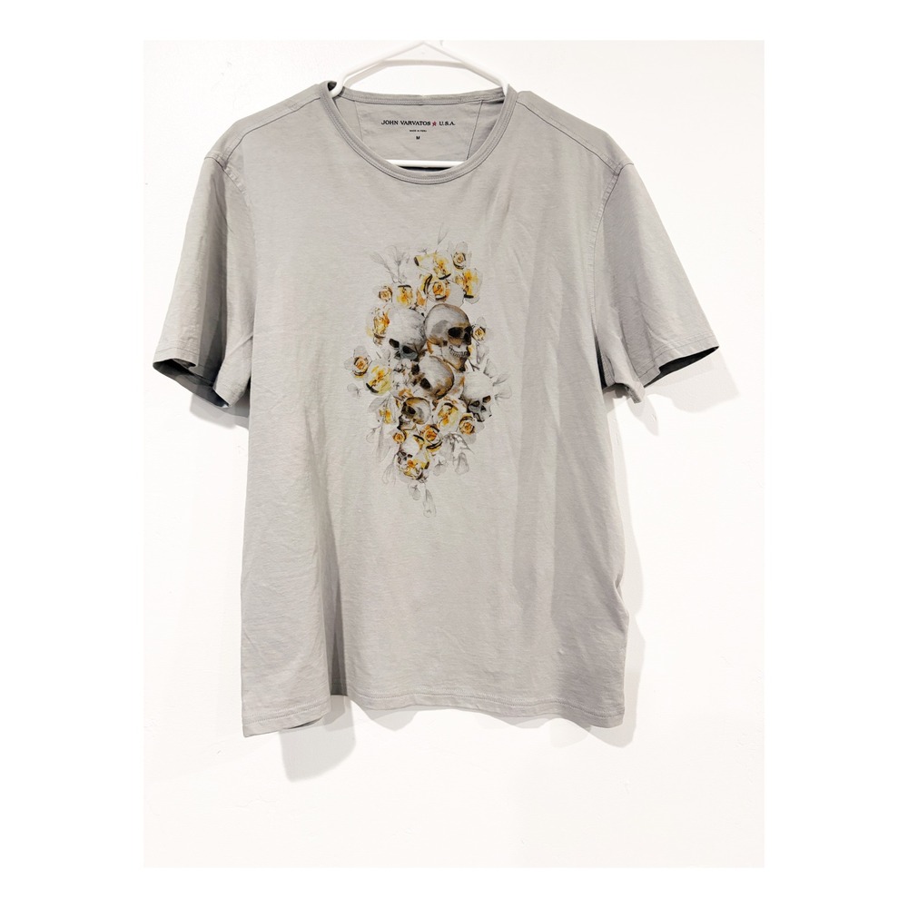John Varvatos USA Gray Skull and Yellow Rose Graphic T-Shirt Size M
